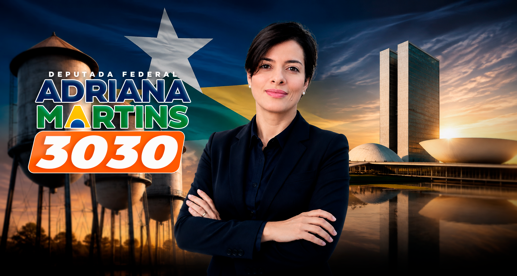Adriana Martins, candidata a Deputada Federal 3030, com a bandeira de Rondônia e o Congresso Nacional ao fundo